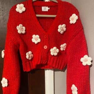 Red and White Floral Cardigan Sweater